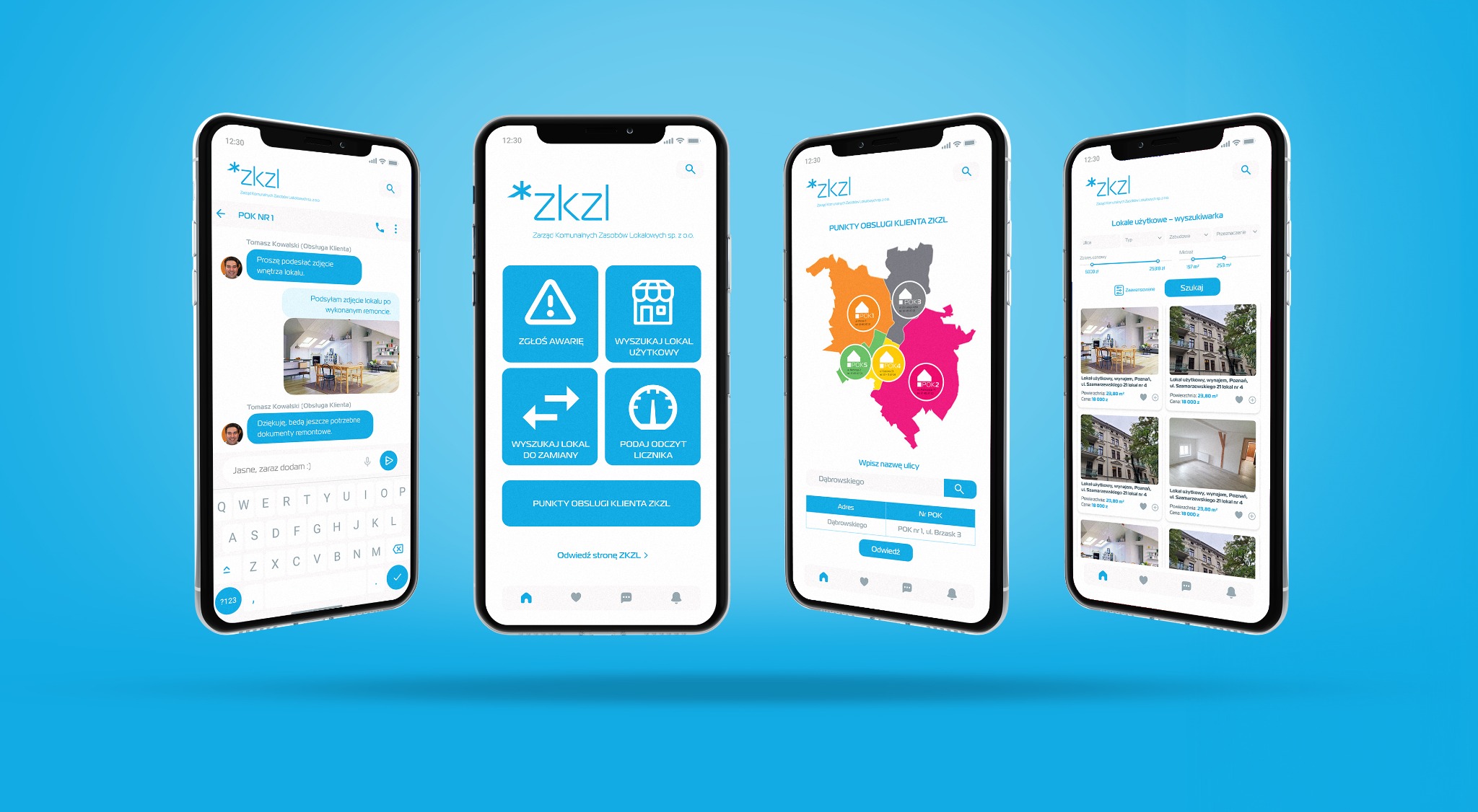 Cztery ekrany smartfonów prezentujące aplikację mobilną ZKZL, z widokiem czatu z obsługą klienta, mapą punktów obsługi, formularzem zgłoszenia awarii i wyszukiwarką lokali użytkowych.