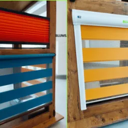 Ekspozycja dwóch typów osłon okiennych: pomarańczowe plisy i niebiesko-żółta roleta dzień noc, obie zamontowane w drewnianych ramach, z widocznym logo 'Blums'.