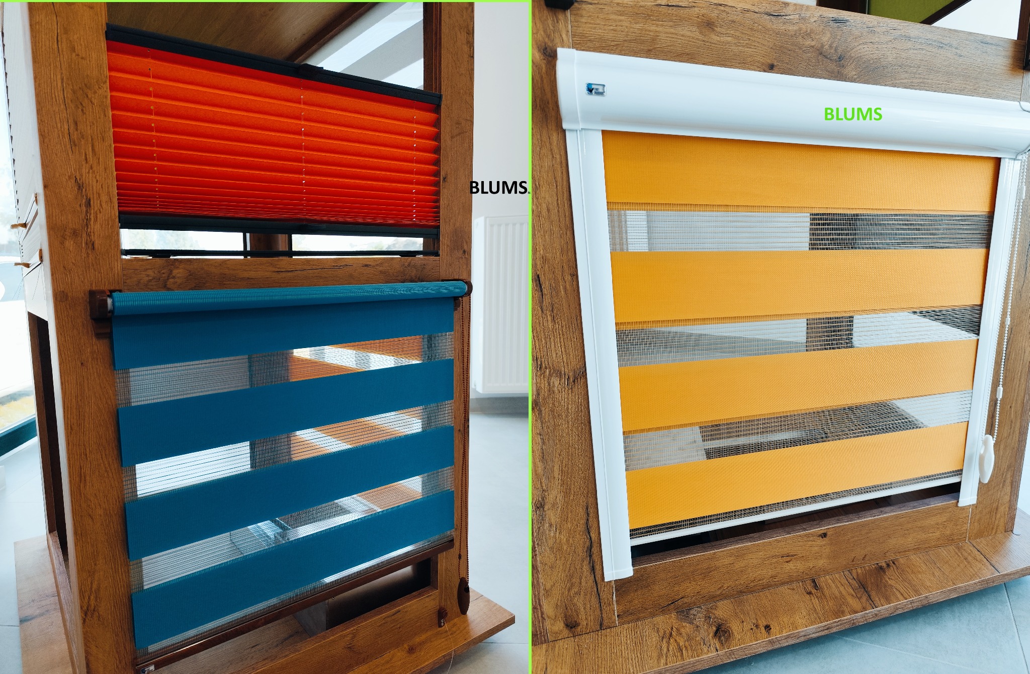 Ekspozycja dwóch typów osłon okiennych: pomarańczowe plisy i niebiesko-żółta roleta dzień noc, obie zamontowane w drewnianych ramach, z widocznym logo 'Blums'.