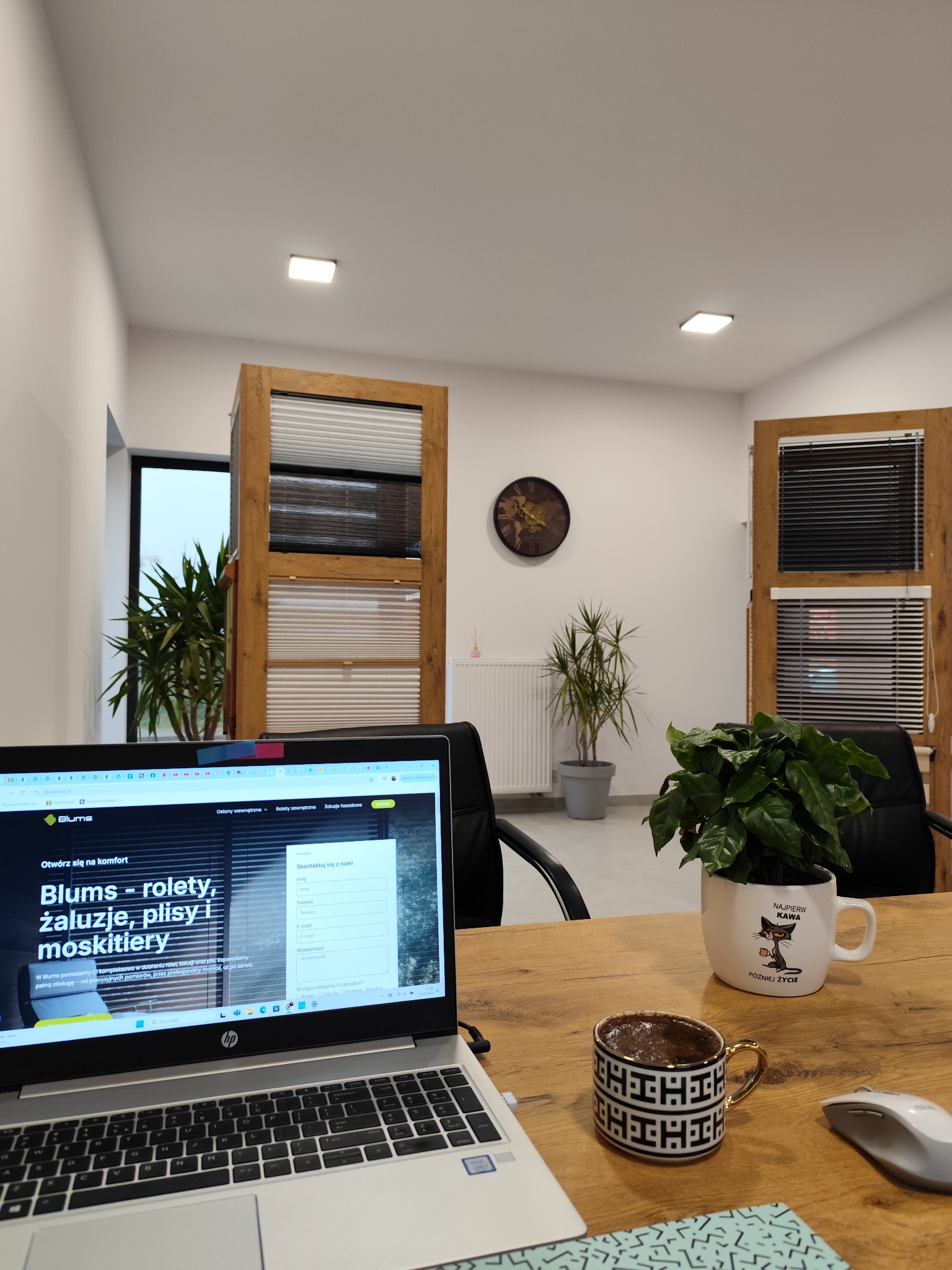 Biuro z wystawką rolet i żaluzji w tle, laptop z otwartą stroną firmy Blums na biurku, filiżanka kawy i roślina w kubku z napisem 'Najpierw kawa, później życie'.