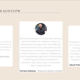 Social Media AI - Prezentacja opinii klientów o usługach marketingowych, z portretami i tekstami rekomendacji od Anny Browarek, Tomasza Sobieraja i Jakuba Postrożnego.