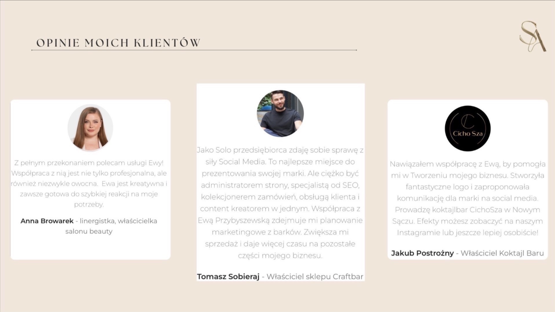 Prezentacja opinii klientów o usługach marketingowych, z portretami i tekstami rekomendacji od Anny Browarek, Tomasza Sobieraja i Jakuba Postrożnego.