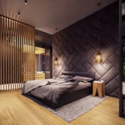 Nowoczesna sypialnia z drewnianą ścianką działową, tapicerowanym panelem ściennym w geometryczny wzór, wiszącymi lampami i regałem z książkami, widok na łazienkę za ścianką działową.