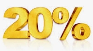 Złoty napis 20% na białym tle, sugerujący promocję lub obniżkę ceny.