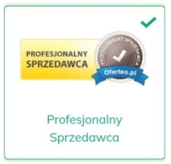 Emblemat Oferteo.pl z napisem 'Profesjonalny Sprzedawca' na żółtym tle, okrągła pieczęć z niebieską wstążką i zielony symbol zaznaczenia.