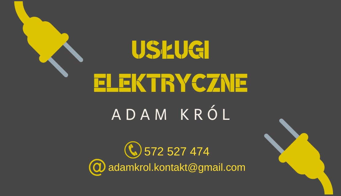 Wizytówka firmy świadczącej usługi elektryczne, szare tło z żółtymi napisami i grafiką wtyczek, imię i nazwisko oraz dane kontaktowe.
