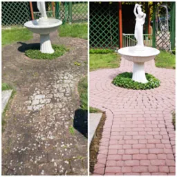 Doczyszczanie bardzo zaniedbanej kostki brukowej z mchu, grzybów i pleśni. Kostka doznała nowego wyglądu