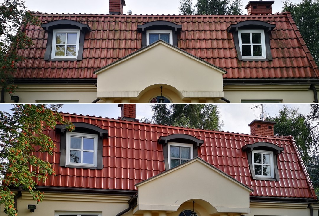 Efekt przed/po myciu dachówki ceramicznej pod Warszawą