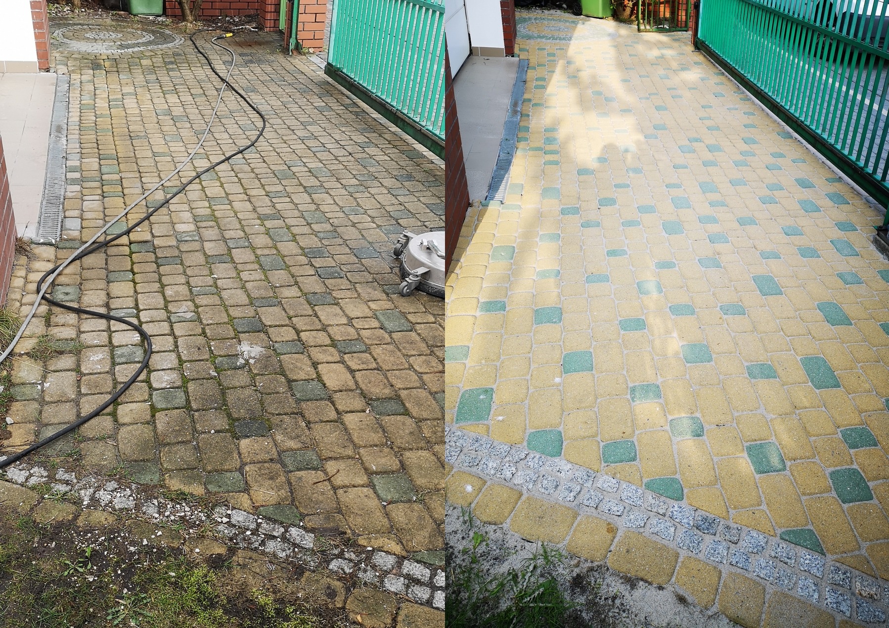 Porównanie stanu kostki brukowej przed i po czyszczeniu ciśnieniowym, widoczny efekt usunięcia zabrudzeń i odzyskania pierwotnego koloru, z uzupełnionymi szczelinami piaskiem kwarcowym.