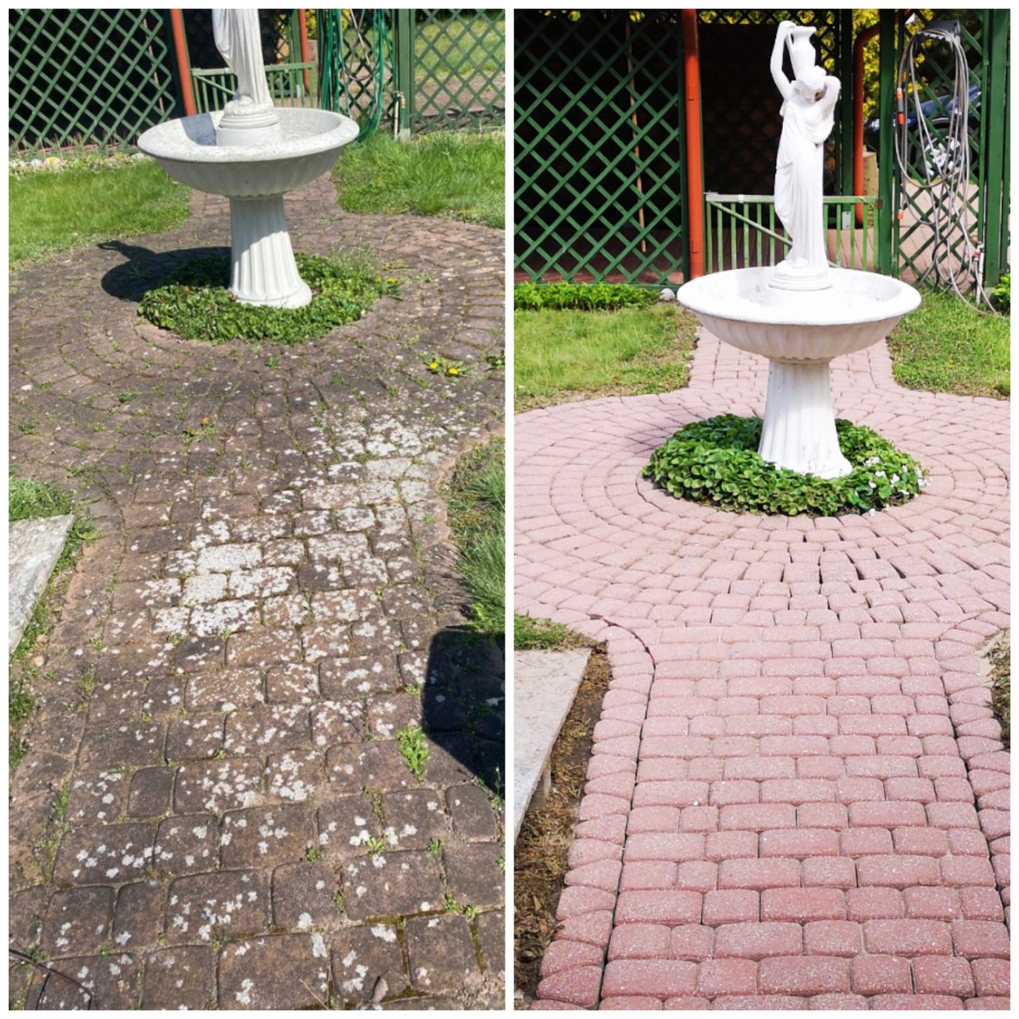 Doczyszczanie bardzo zaniedbanej kostki brukowej z mchu, grzybów i pleśni. Kostka doznała nowego wyglądu