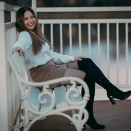 Uśmiechnięta kobieta w białej koszuli i kozakach siedzi na ozdobnej ławce z widokiem na wodę i białą balustradę. Delikatne światło podkreśla detale.