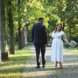 Para młoda spaceruje po parku, trzymając się za ręce. Panna młoda w białej sukni, pan młody w garniturze. Ujęcie z tyłu, z widoczną alejką i drzewami w tle.