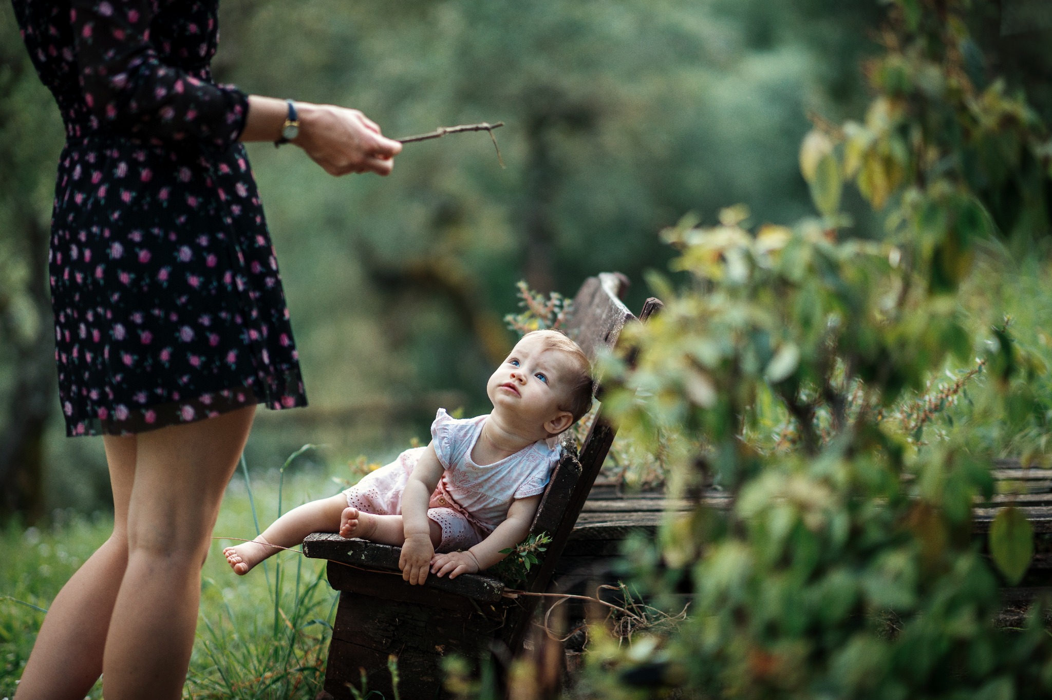 Urocze dziecko leży na drewnianej ławce, spoglądając w górę na osobę trzymającą gałązkę, w tle zieleń. Delikatne światło, sesja w plenerze.