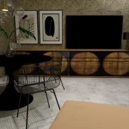 Wizualizacja nowoczesnego wnętrza z okrągłym czarnym stołem, metalowymi krzesłami, szafką RTV z okrągłymi wzorami, obrazami na ścianie i roślinami doniczkowymi.