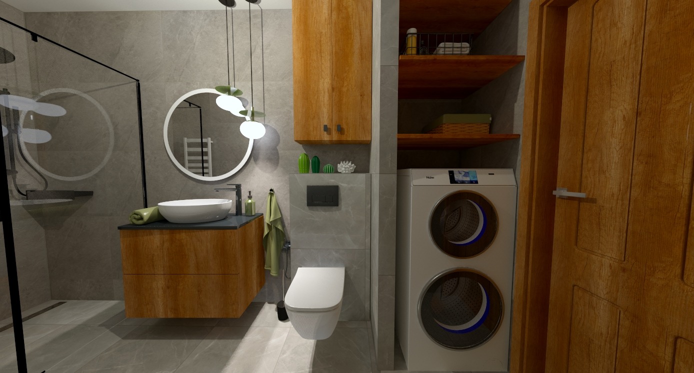 Nowoczesna łazienka z drewnianymi akcentami: szafka pod umywalką, wysoka szafka, drewniane półki i drzwi. Uwagę przykuwa okrągłe lustro i designerska lampa.