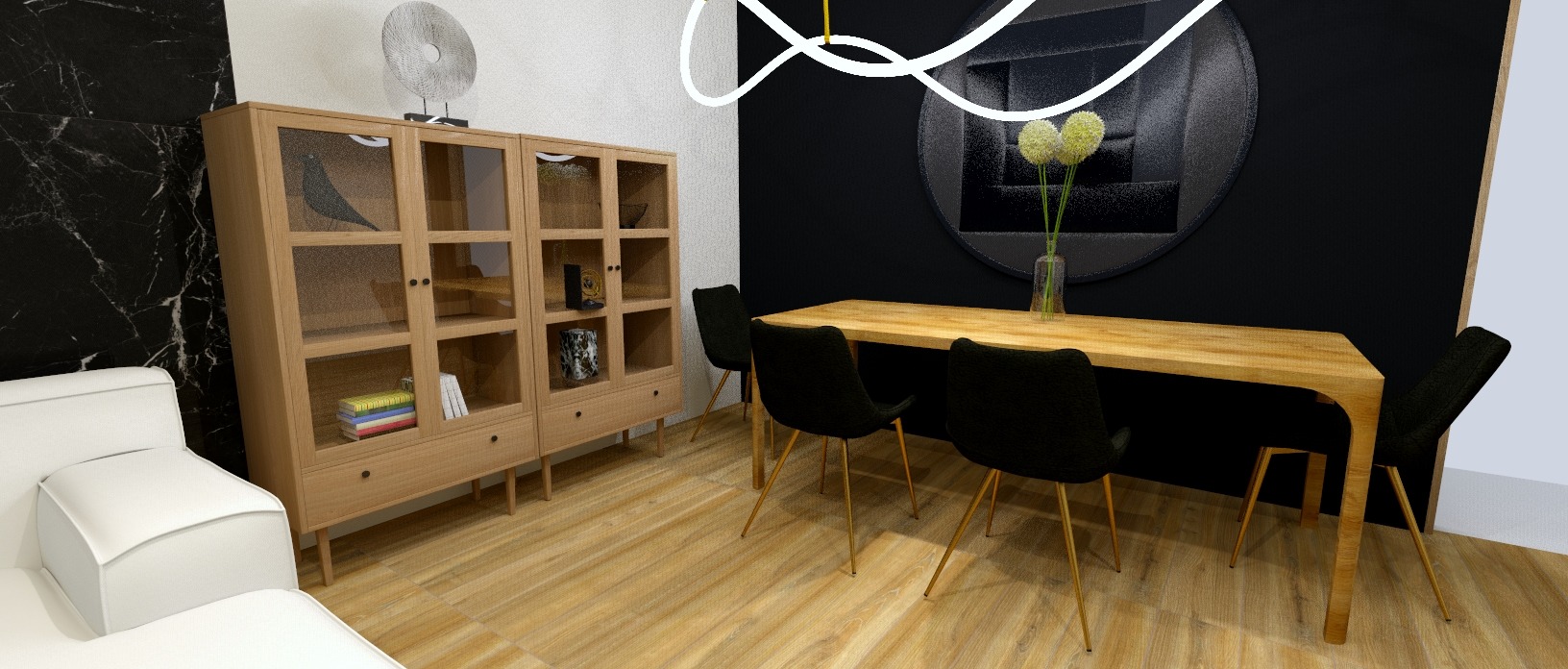 Jasne drewno i czerń w jadalni: stół, krzesła, przeszklona komoda. Minimalistyczny design z dekoracjami i oświetleniem. Nowoczesne wnętrze.