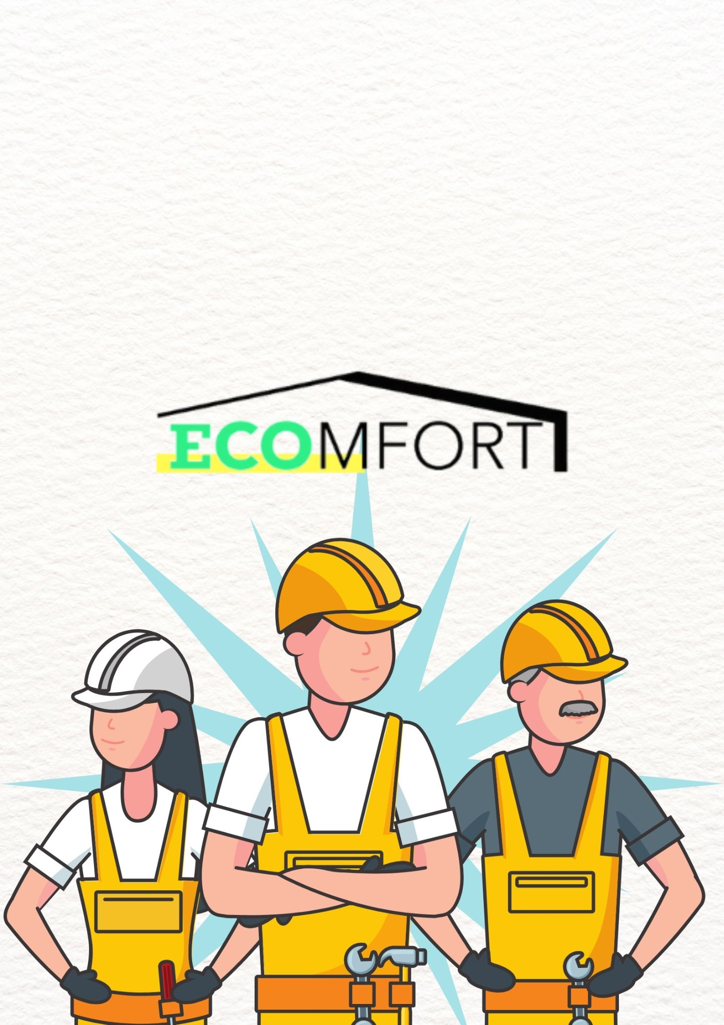 Ilustracja przedstawiająca logo firmy Ecomforti z trzema postaciami w strojach roboczych: kobietą w białym kasku i dwoma mężczyznami w żółtych kaskach, otoczonymi niebieskimi promieniami...