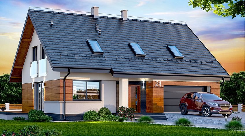 Nowoczesny dom jednorodzinny z garażem, wykończony drewnem i białym tynkiem. Dach pokryty szarą dachówką z trzema oknami połaciowymi. Na podjeździe zaparkowany samochód.
