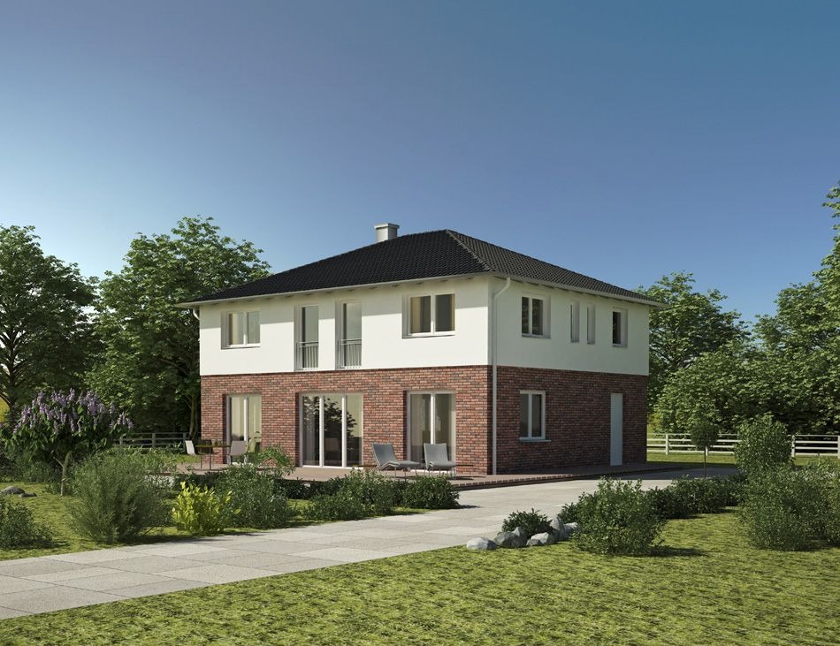 Dwukondygnacyjny dom z ceglaną dolną częścią i białym górnym piętrem, otoczony zielenią i drzewami w słoneczny dzień. Widoczny chodnik i elementy małej architektury.