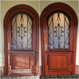 Odnowione drewniane drzwi wejściowe z ozdobną metalową kratą, ukazujące różnicę przed i po renowacji, z widocznymi detalami stolarki i nowym wykończeniem.