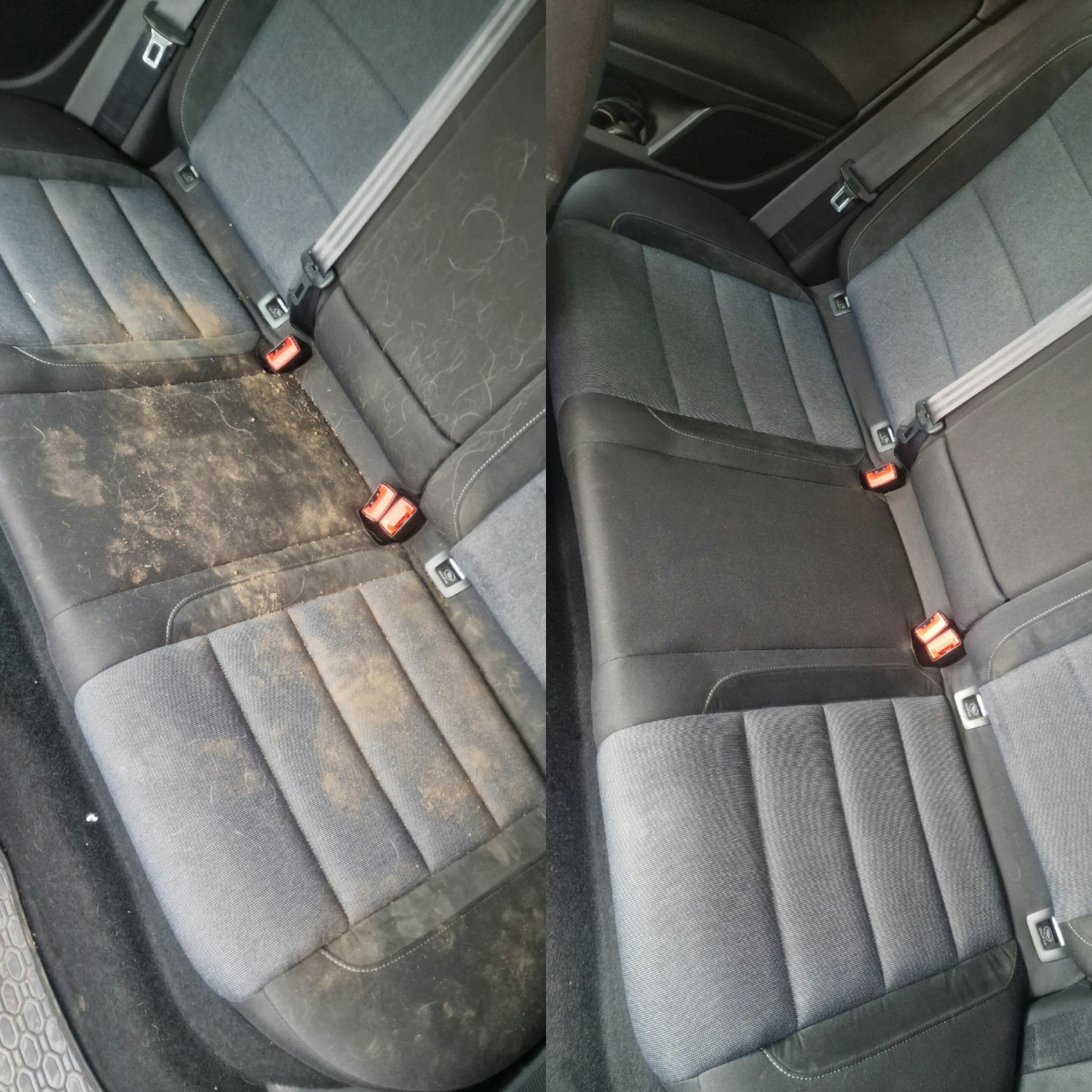 Tapicerka tylnej kanapy samochodowej: po lewej brudna z wyraźnymi plamami i sierścią, po prawej wyczyszczona, szara, z widocznymi przeszyciami.