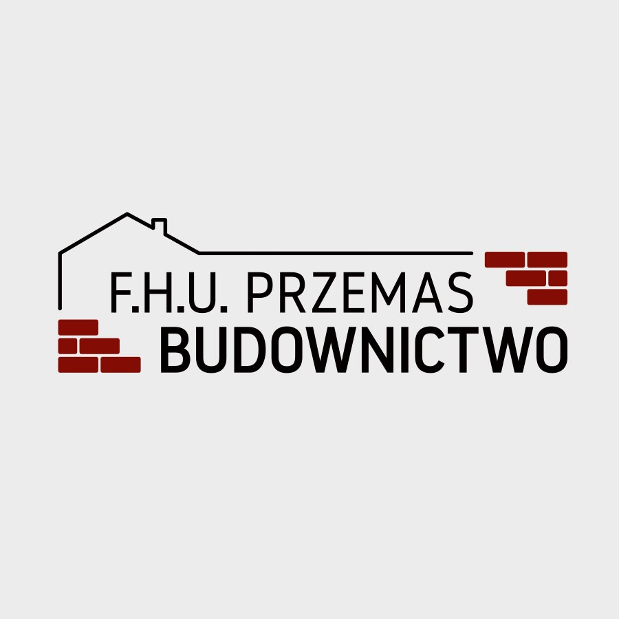 Logo firmy budowlanej F.H.U. Przemas Budownictwo z motywem cegieł i obrysem domu.
