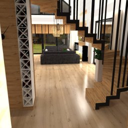 Marta Siejło - Wizualizacja wnętrza domu z drewnianymi schodami z czarnymi barierkami, regałem na wino, szarą sofą i lampami wiszącymi.