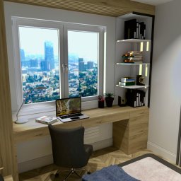 Marta Siejło - Wizualizacja pokoju z biurkiem przy oknie z widokiem na miasto, szara obrotowa krzesło, półki na książki i telewizor z drewnianymi panelami.