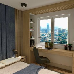 Marta Siejło - Wizualizacja sypialni z miejscem do pracy: łóżko z panelami tapicerowanymi, biurko przy oknie z widokiem na miasto, zabudowane półki na książki.