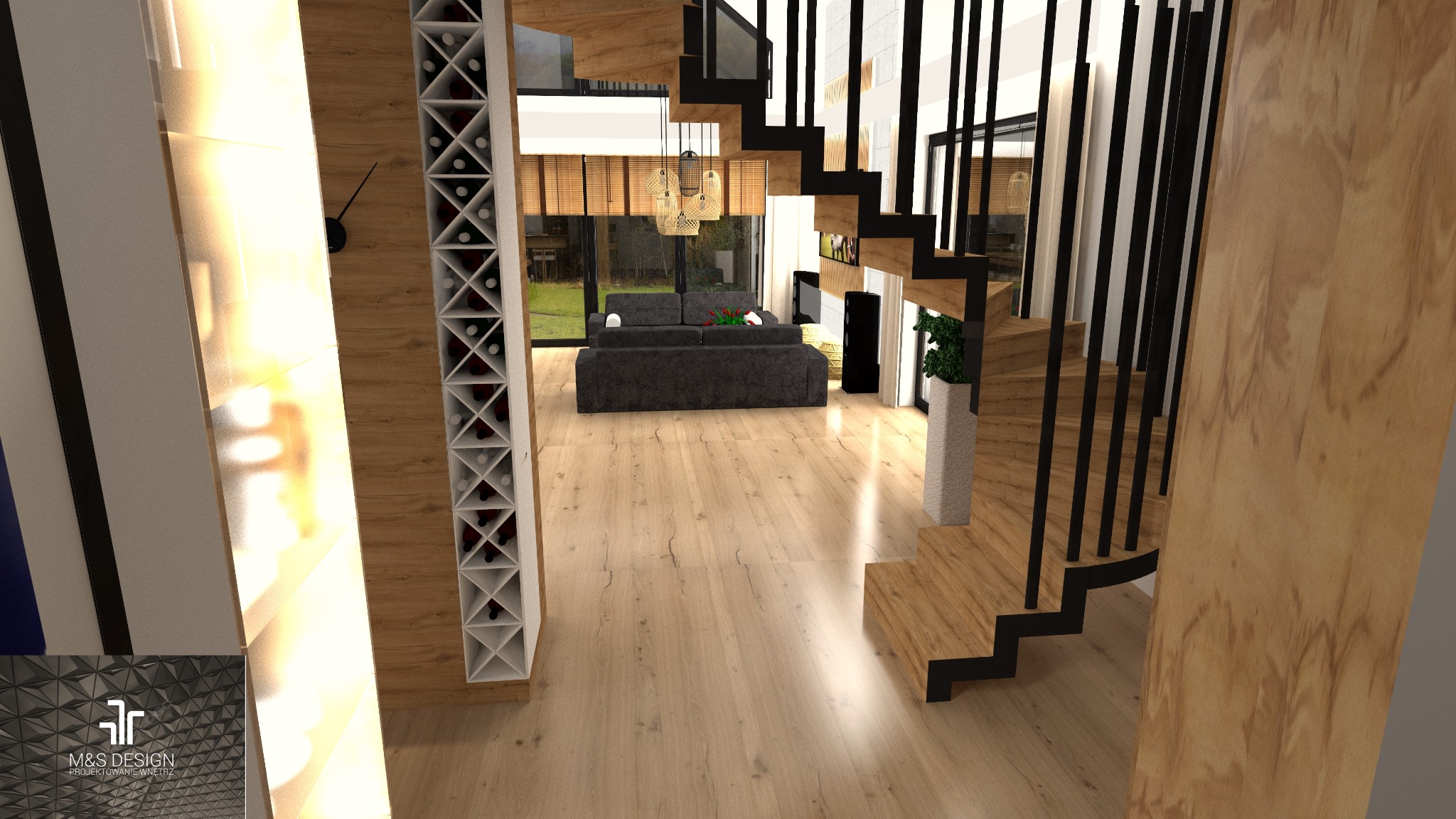 Wizualizacja wnętrza domu z drewnianymi schodami z czarnymi barierkami, regałem na wino, szarą sofą i lampami wiszącymi.