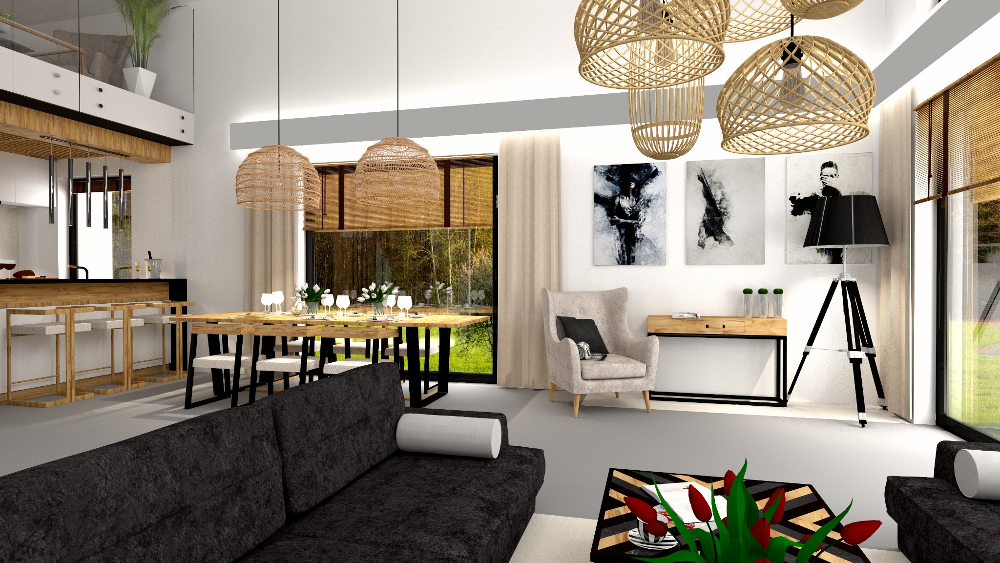 Jasne, przestronne wnętrze z otwartą kuchnią, jadalnią i salonem. W jadalni drewniany stół z białymi krzesłami i zastawą. Nad stołem wiszą trzy plecione lampy. W salonie ciemnoszara sofa i stolik...
