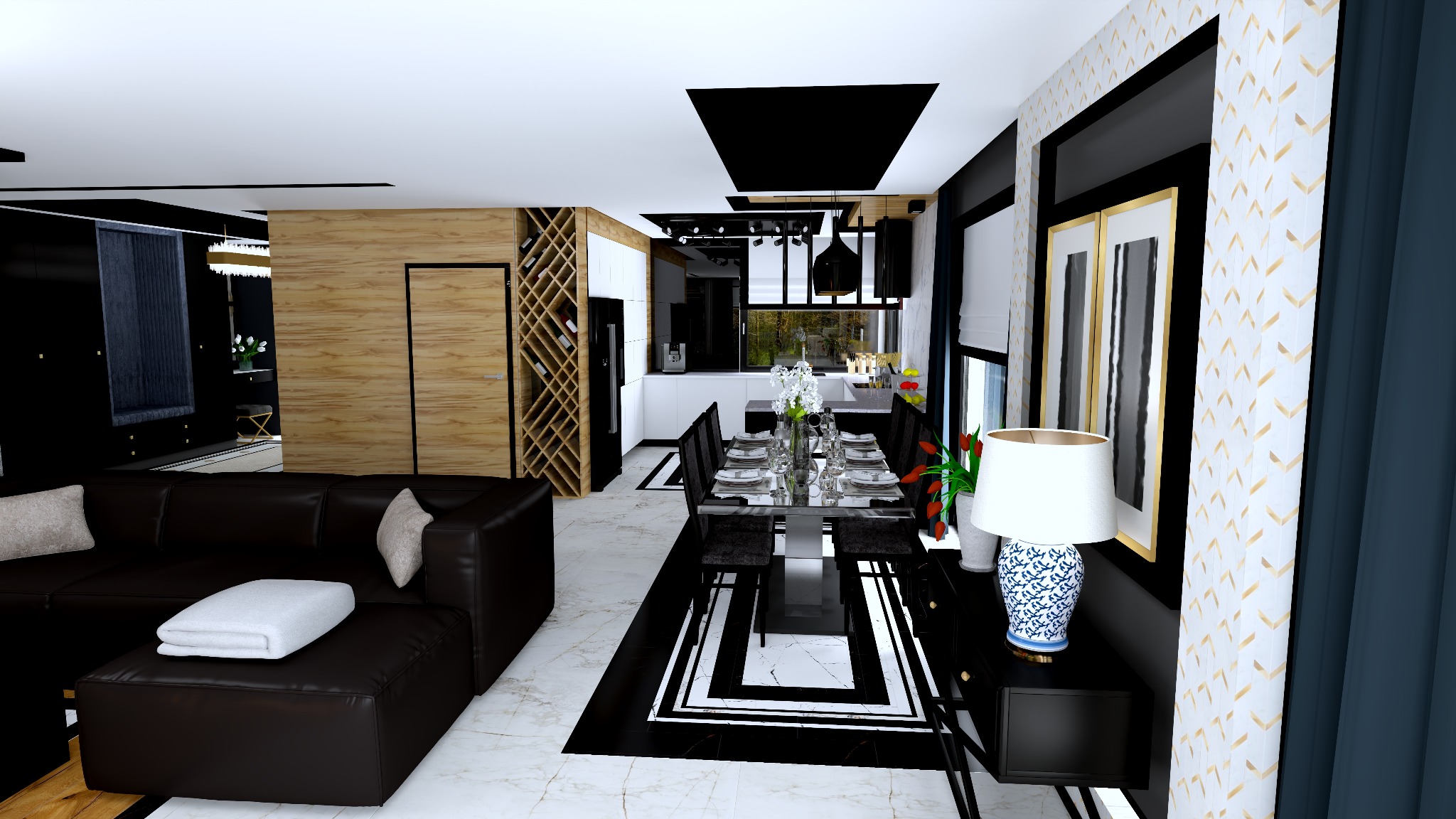 Nowoczesne wnętrze: salon z ciemną skórzaną sofą, jadalnia z czarnym stołem i krzesłami, otwarta kuchnia w bieli i czerni, drewniana ściana z regałem na wino.