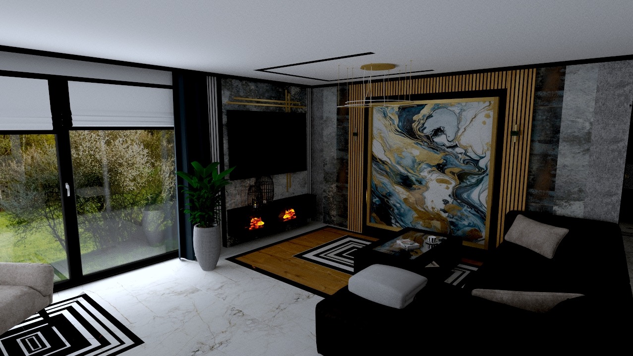 Nowoczesny salon z dużym oknem, kominkiem elektrycznym i abstrakcyjnym obrazem w złotej ramie, oświetlony wiszącą lampą z okrągłymi elementami.