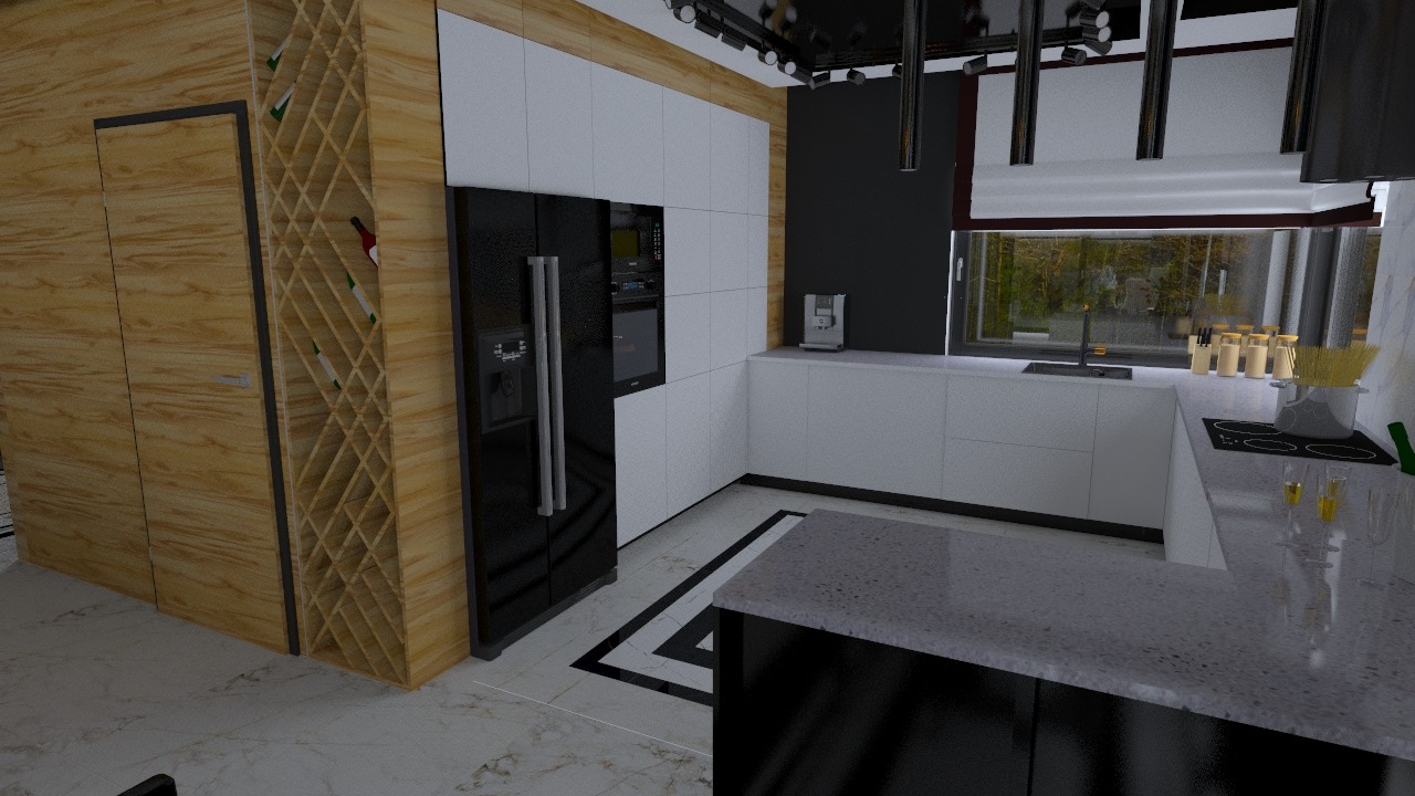 Nowoczesna kuchnia z białymi szafkami, czarnym sprzętem AGD i wyspą z szarym blatem, uzupełniona drewnianymi akcentami i regałem na wino.