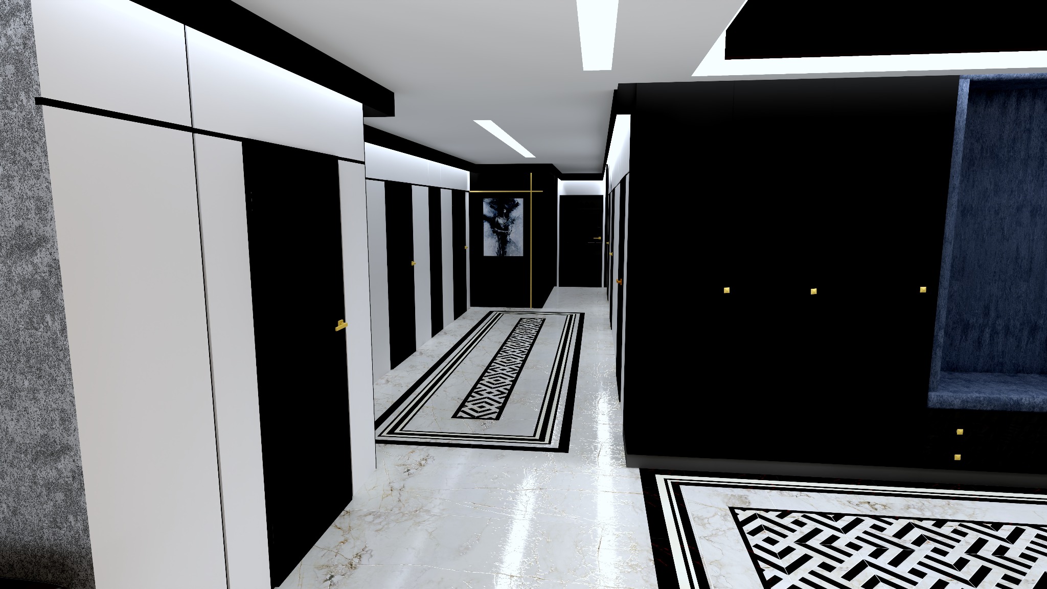 Nowoczesny korytarz w czerni i bieli z marmurową podłogą, wzorzystym dywanem i szafami w zabudowie.