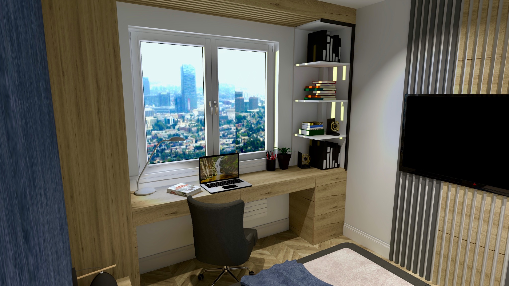 Wizualizacja pokoju z biurkiem przy oknie z widokiem na miasto, szara obrotowa krzesło, półki na książki i telewizor z drewnianymi panelami.