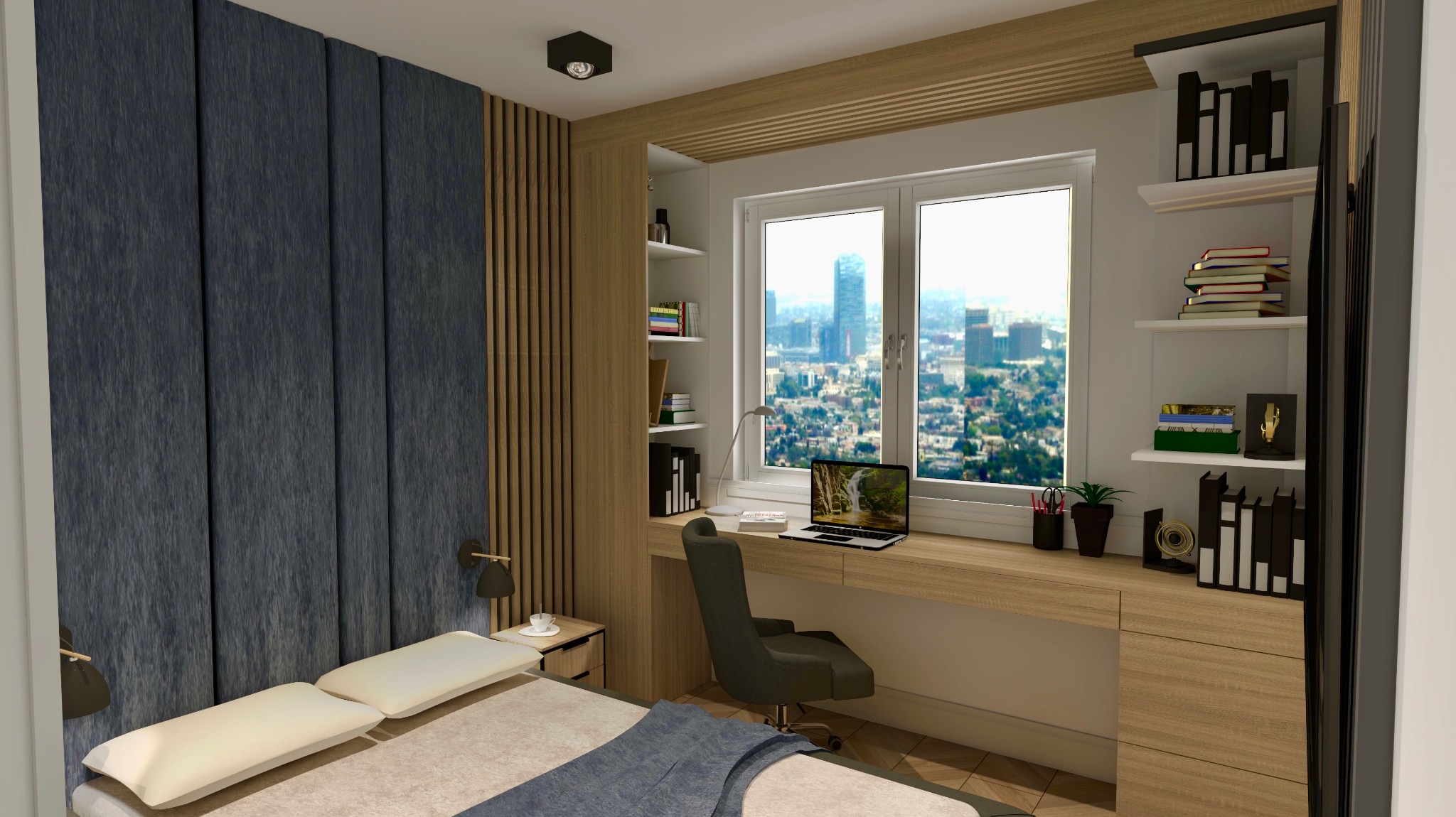 Wizualizacja sypialni z miejscem do pracy: łóżko z panelami tapicerowanymi, biurko przy oknie z widokiem na miasto, zabudowane półki na książki.