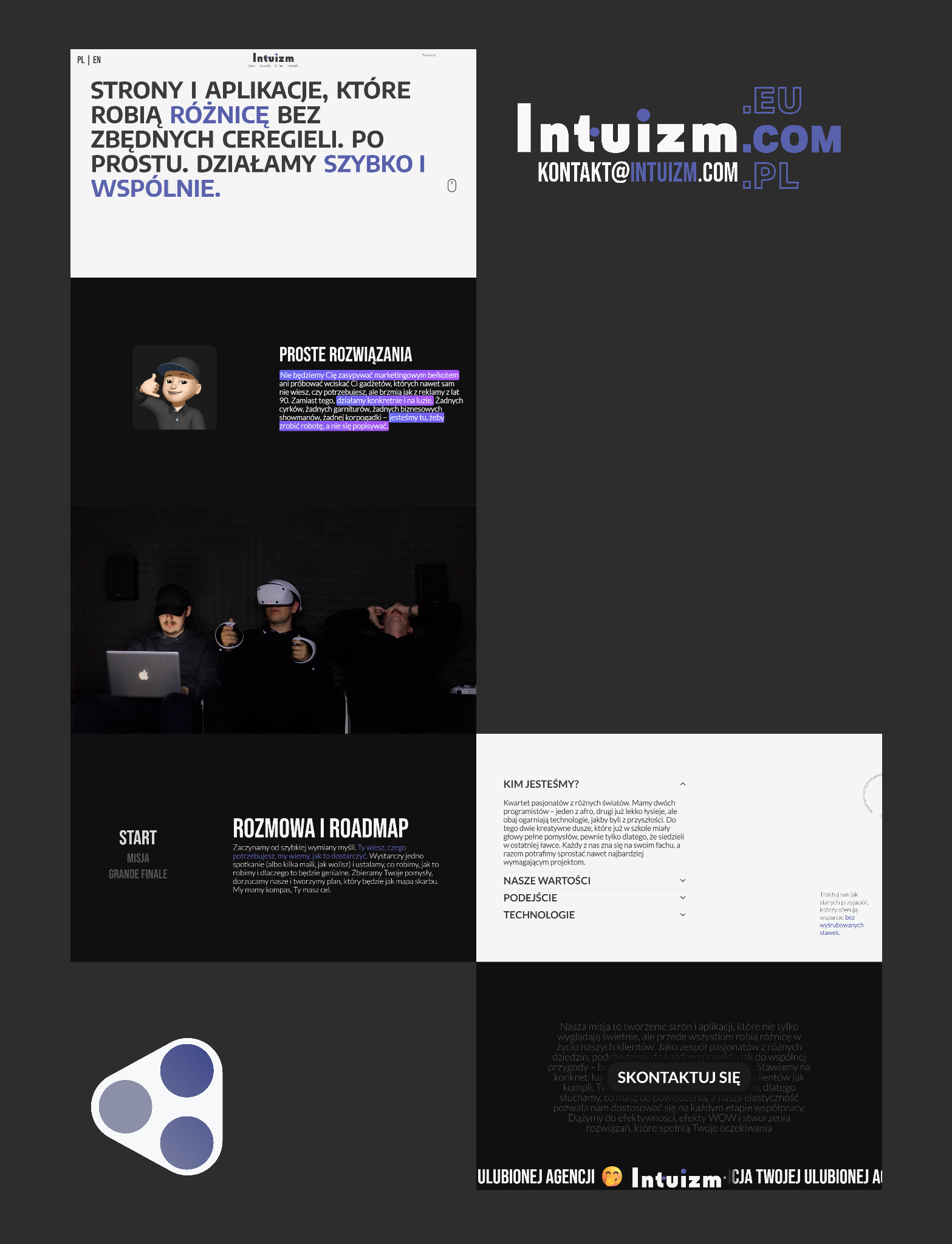 Strona internetowa firmy Intuizm z hasłem 'Strony i aplikacje, które robią różnicę bez zbędnych ceregieli'. Na dole dwóch mężczyzn w goglach VR i z laptopem.