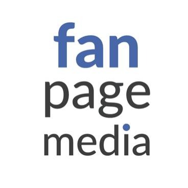 Napis 'fan page media' w trzech wierszach, 'fan' w kolorze niebieskim, pozostałe słowa w kolorze szarym, z niebieską kropką pod słowem 'media'.