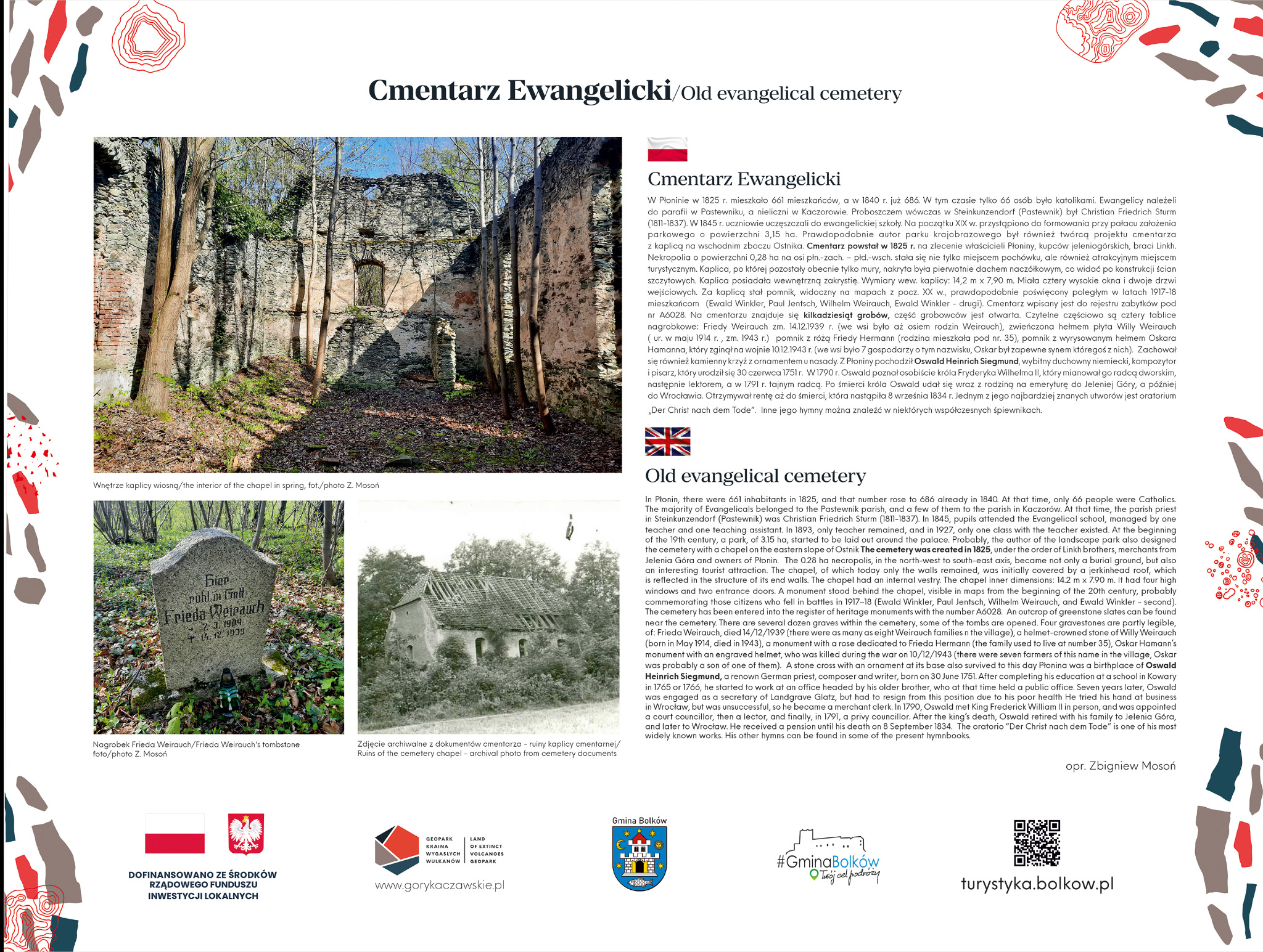 Projekt tablic informacyjnych na terenie starego cmentarza ewangelickiego z ruinami kaplicy, ukazujący zniszczone mury i nagrobki.