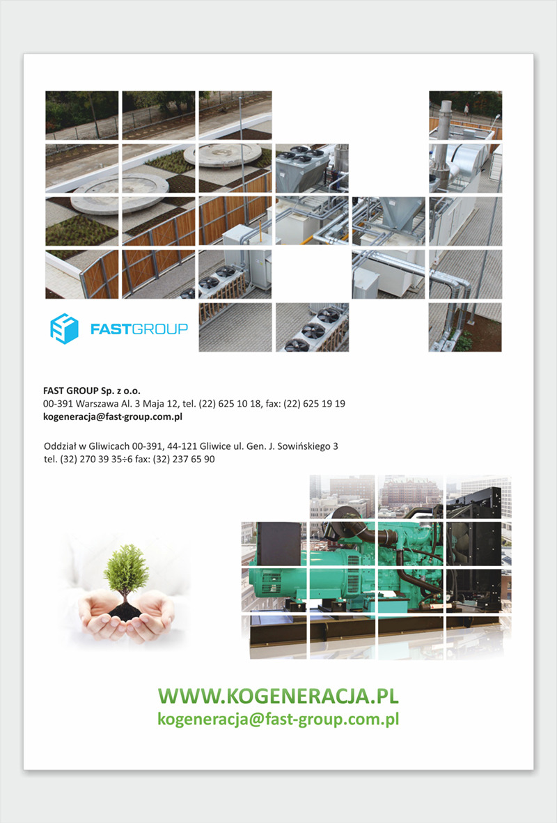 Folder reklamowy firmy Fast Group prezentujący w formie mozaiki zdjęcia instalacji przemysłowych, w tym systemy wentylacyjne na dachu, oraz generator prądu, z logo firmy, danymi kontaktowymi...