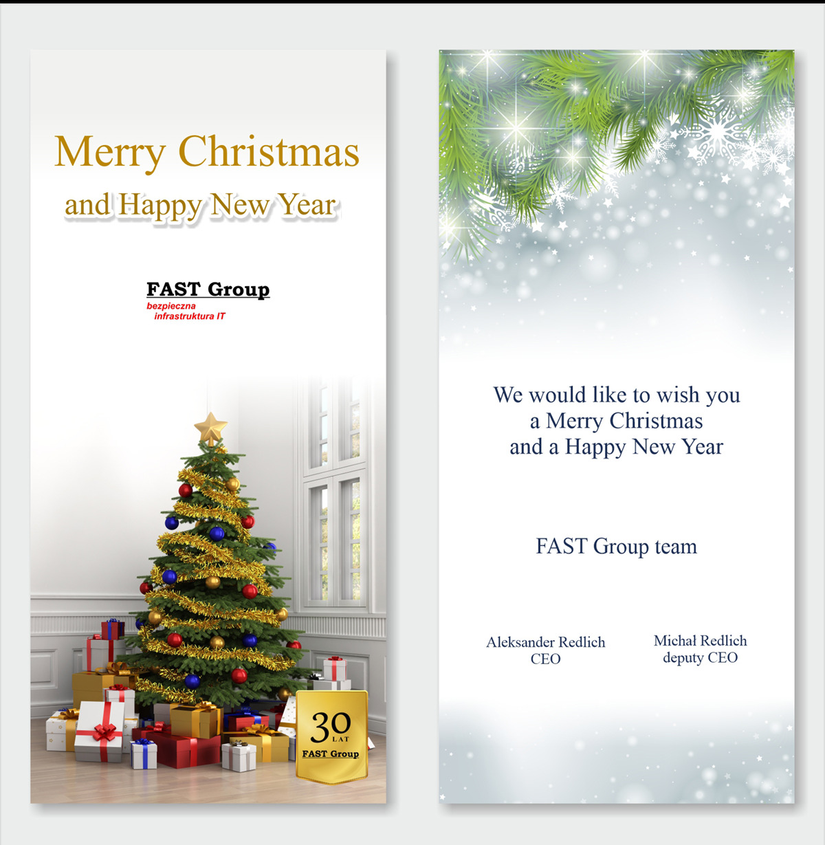 Dwuczęściowa kartka świąteczna dla firmy Fast Group z życzeniami, choinką i logo firmy.
