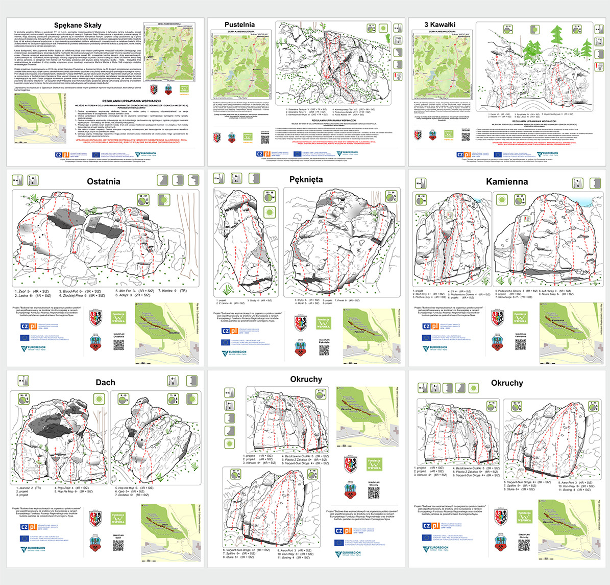 Zestaw tablic informacyjnych z mapami i schematami tras wspinaczkowych na skałach, prezentujących różne obszary i trudności wspinaczki, z uwzględnieniem regulaminu i logotypów partnerów projektu.