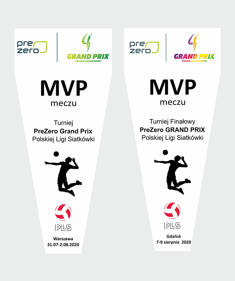 Projekt dwóch statuetek MVP meczu turnieju siatkarskiego PreZero Grand Prix Polskiej Ligi Siatkówki, z sylwetką siatkarza w wyskoku i logotypami sponsorów, wersja dla Warszawy i Gdańska.