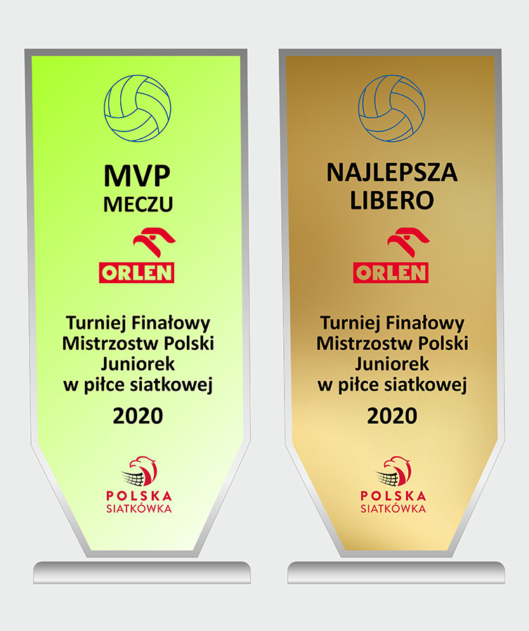 Dwie statuetki: zielona dla MVP meczu i złota dla Najlepszej Libero, obie z logo Orlen i Polskiego Związku Piłki Siatkowej, upamiętniające Turniej Finałowy Mistrzostw Polski Juniorek w piłce...
