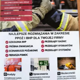 Ulotka reklamowa firmy Aktek oferującej usługi z zakresu bezpieczeństwa pożarowego i BHP, prezentująca ofertę: szkolenia BHP, próbna ewakuacja, scenariusze pożarowe, pierwsza pomoc, przeglądy...