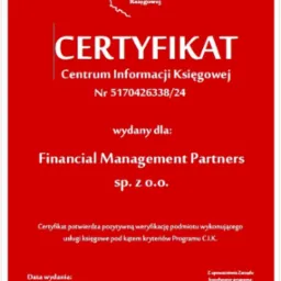 Certyfikat Centrum Informacji Księgowej numer 5170426338/24 wydany dla Financial Management Partners sp. z o.o. potwierdzający pozytywną weryfikację usług księgowych pod kątem kryteriów Programu C.