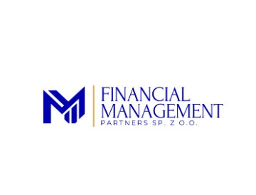 Niebieskie logo firmy Financial Management Partners Sp. z o.o. na białym tle, z geometrycznym symbolem po lewej stronie i napisem 'FINANCIAL MANAGEMENT' oraz 'PARTNERS SP. Z O.O.' po prawej stronie...
