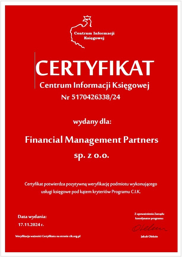 Certyfikat Centrum Informacji Księgowej numer 5170426338/24 wydany dla Financial Management Partners sp. z o.o. potwierdzający pozytywną weryfikację usług księgowych pod kątem kryteriów Programu C.