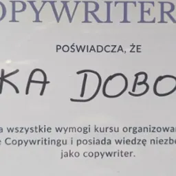 Dyplom potwierdzający ukończenie kursu Copywritingu na imię Vika Dobols.